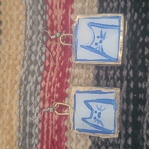 Playful Cat White and Blue Earrings with Silver Hooks 3 Pair $15